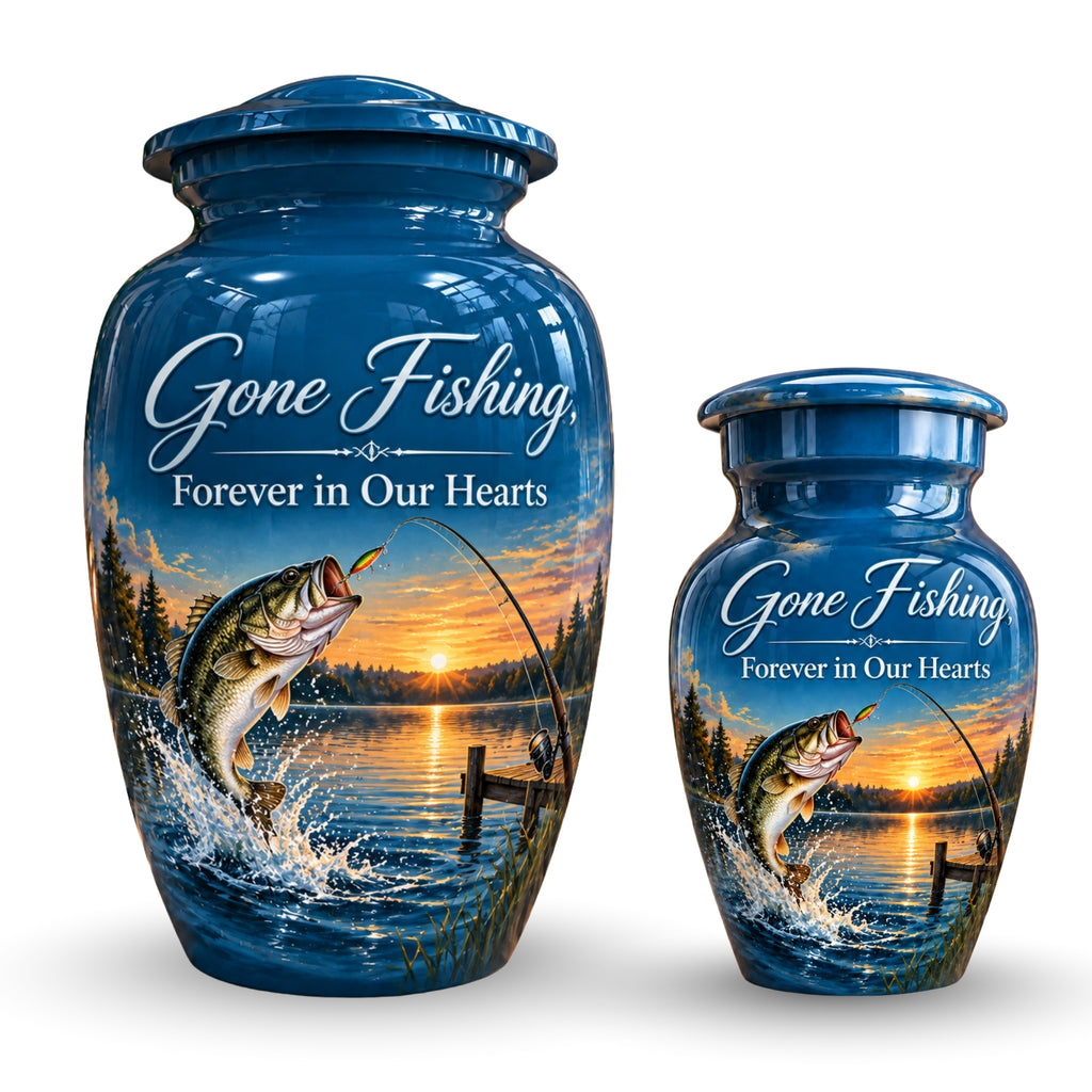 bass fishing sunset cremation urn for human ashes, handmade aluminum – photo 7