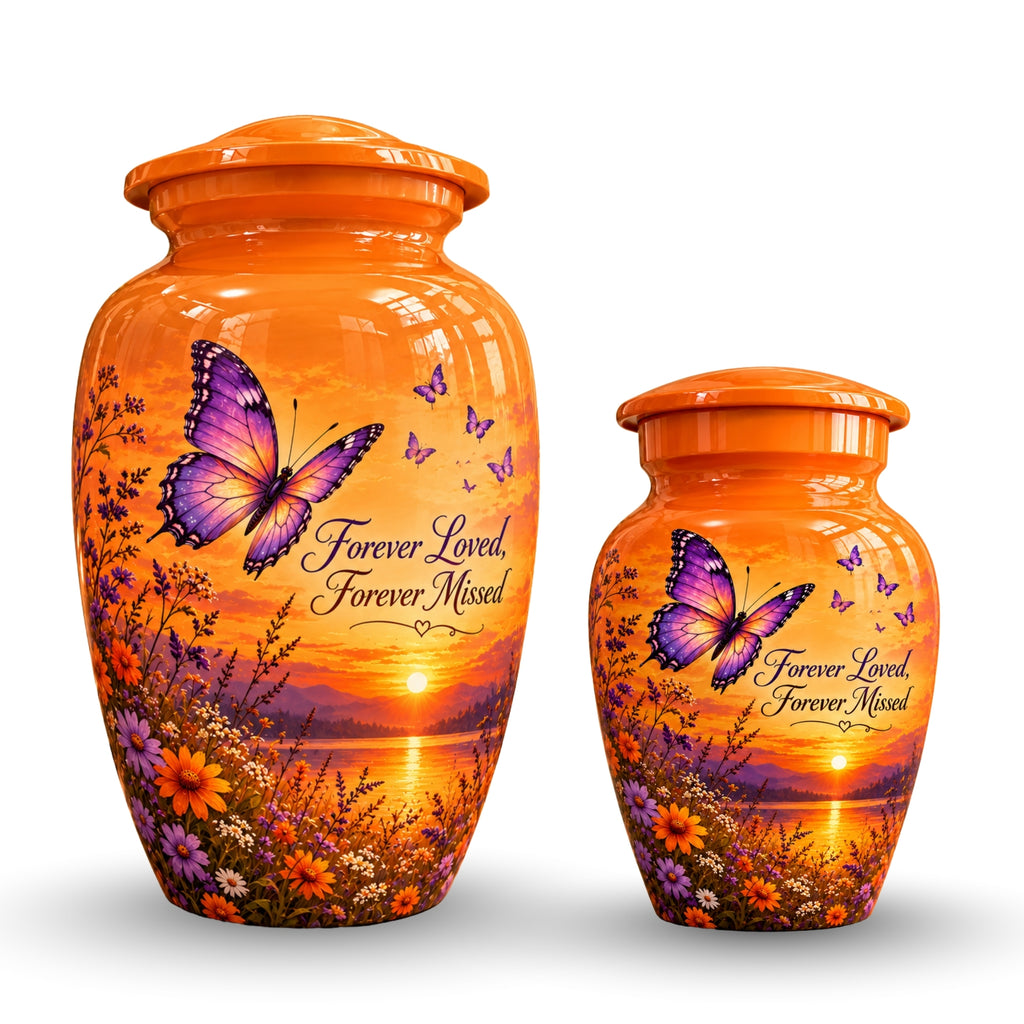 Orange Sunset Purple Butterfly Cremation Urn for Human Ashes – Personalized Handmade Aluminum Urn