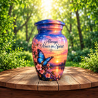 Blue Butterfly and Blossoms Cremation Urn for Human Ashes – Personalized Handmade Aluminum Urn