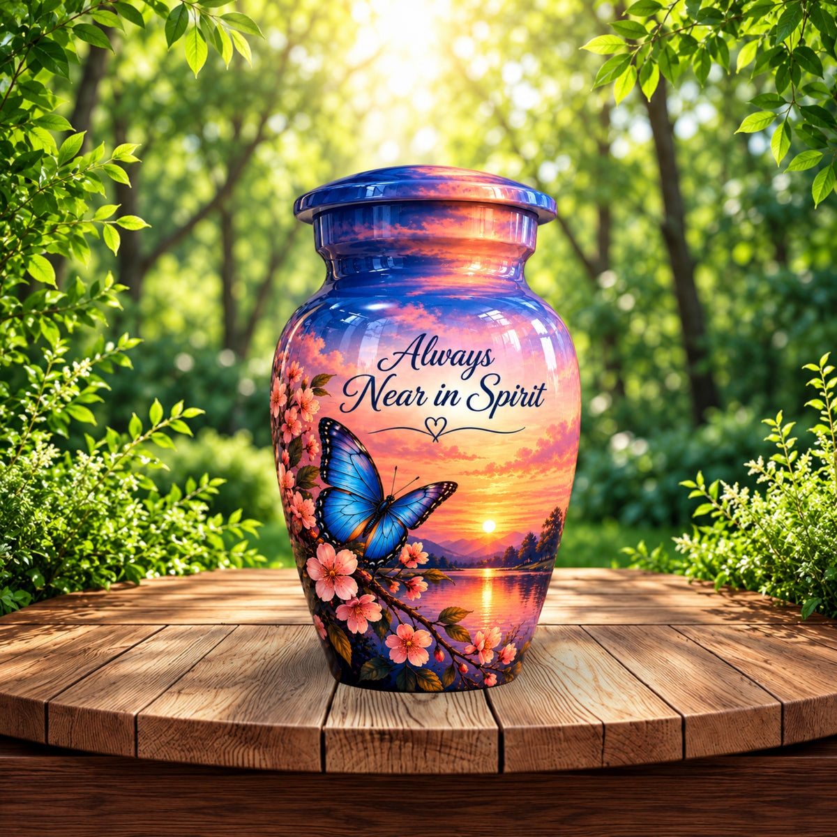 Blue Butterfly and Blossoms Cremation Urn for Human Ashes – Personalized Handmade Aluminum Urn