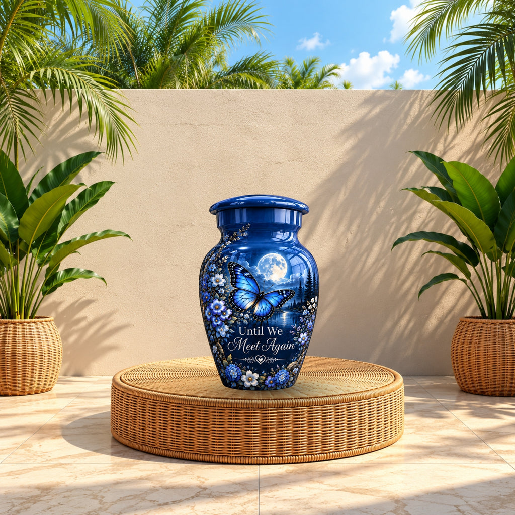 moonlit blue butterfly cremation urn for human ashes, handmade aluminum – photo 10