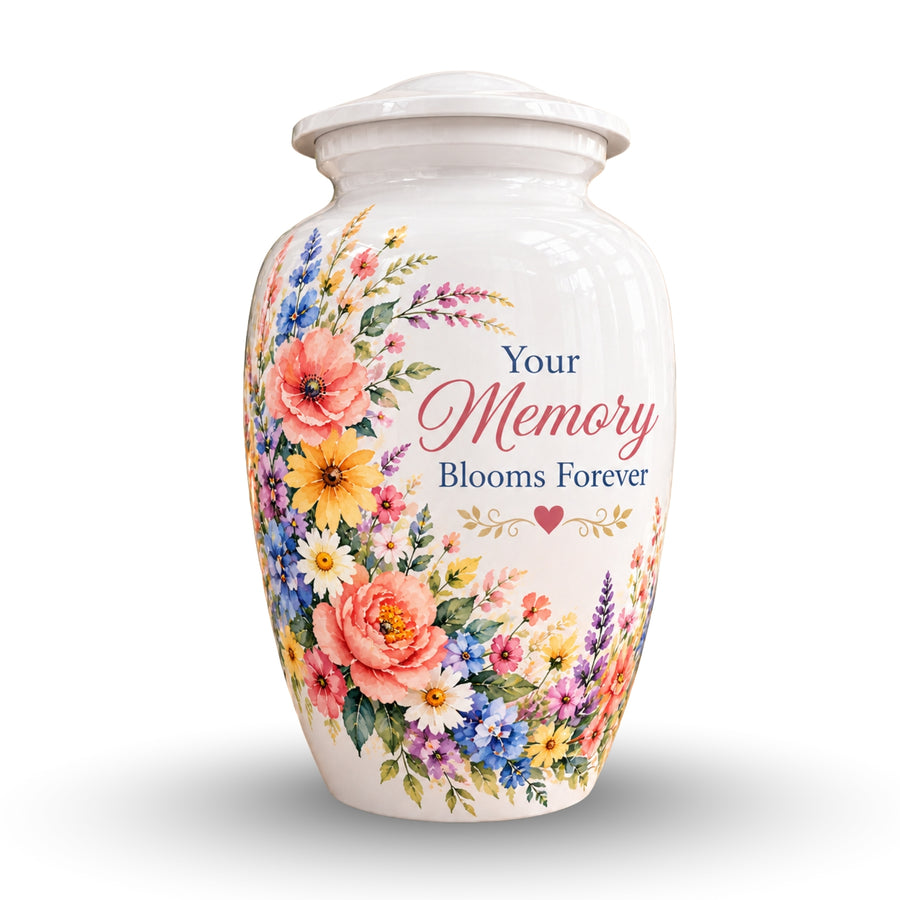 White Floral Bouquet Cremation Urn for Human Ashes – Personalized Handmade Aluminum Urn
