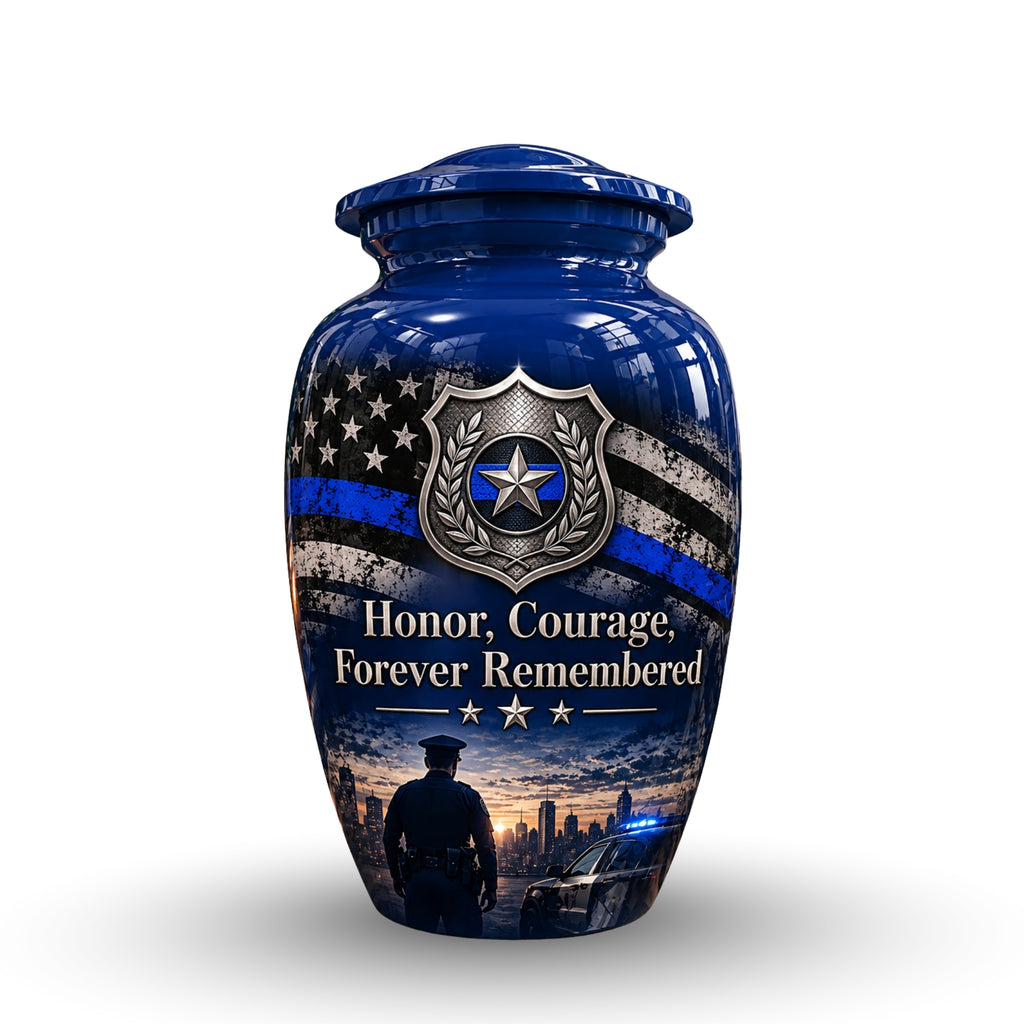 police officer tribute cremation urn for human ashes, handmade aluminum – photo 1