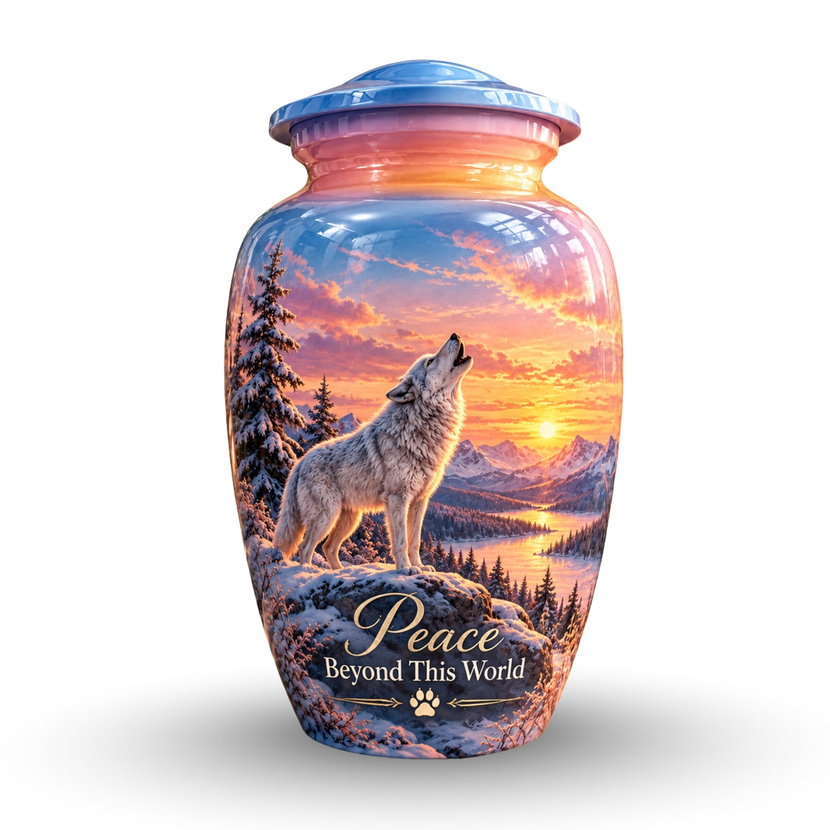 White Wolf Winter Sunset Cremation Urn for Human Ashes – Personalized Handmade Aluminum Urn