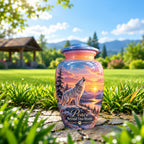 White Wolf Winter Sunset Cremation Urn for Human Ashes – Personalized Handmade Aluminum Urn