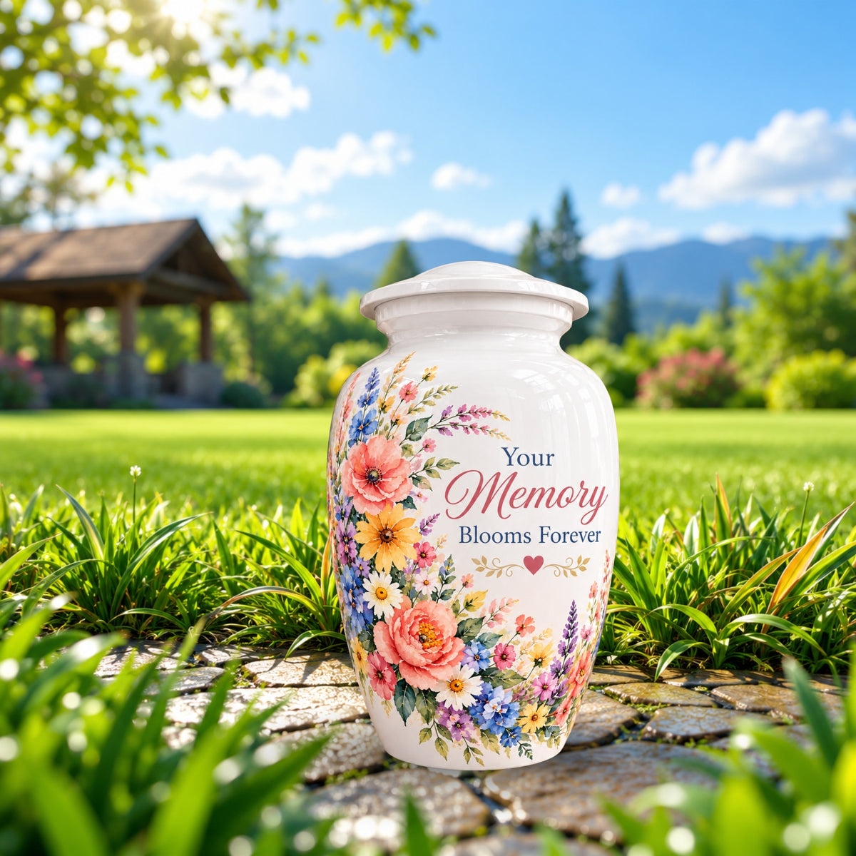 White Floral Bouquet Cremation Urn for Human Ashes – Personalized Handmade Aluminum Urn