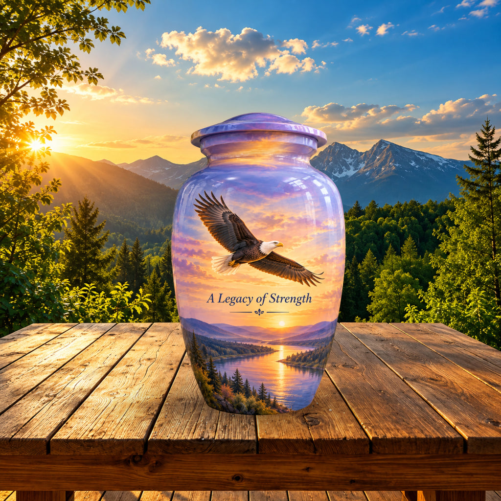 "A Legacy of Strength" Bald Eagle Cremation Urn for Human Ashes – Personalized Handmade Aluminum Urn