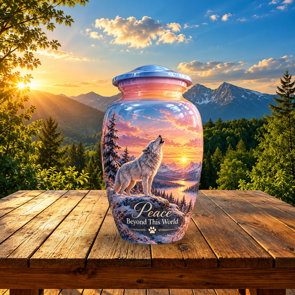 White Wolf Winter Sunset Cremation Urn for Human Ashes – Personalized Handmade Aluminum Urn