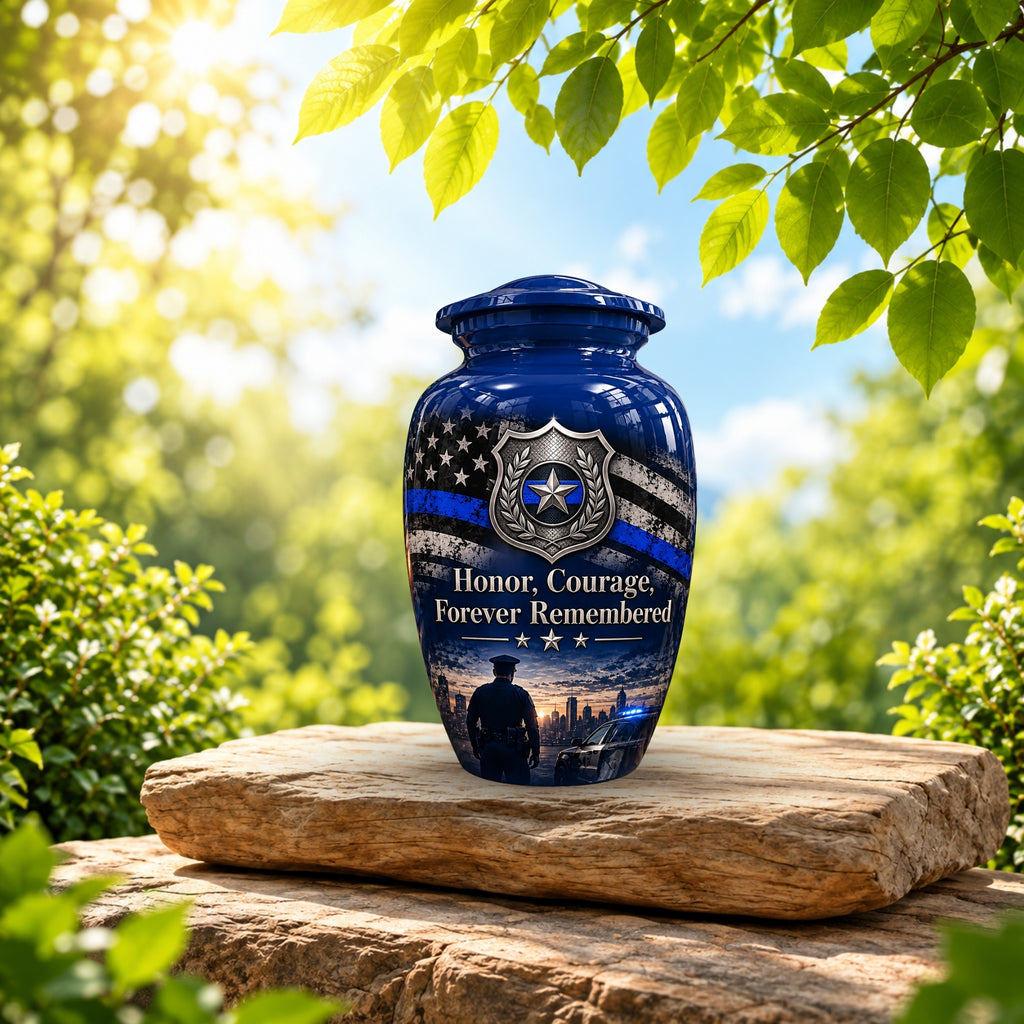 police officer tribute cremation urn for human ashes, handmade aluminum – photo 3