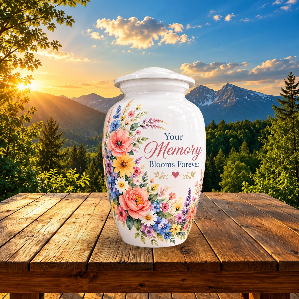 White Floral Bouquet Cremation Urn for Human Ashes – Personalized Handmade Aluminum Urn