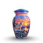 White Wolf Winter Sunset Cremation Urn for Human Ashes – Personalized Handmade Aluminum Urn