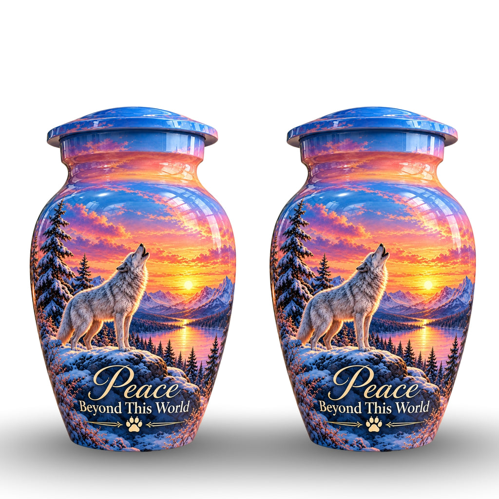 White Wolf Winter Sunset Cremation Urn for Human Ashes – Personalized Handmade Aluminum Urn