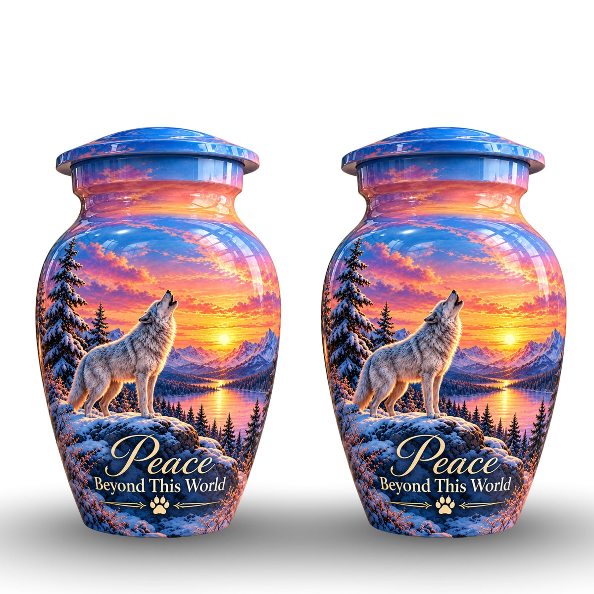 White Wolf Winter Sunset Cremation Urn for Human Ashes – Personalized Handmade Aluminum Urn