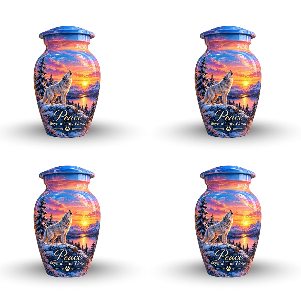White Wolf Winter Sunset Cremation Urn for Human Ashes – Personalized Handmade Aluminum Urn