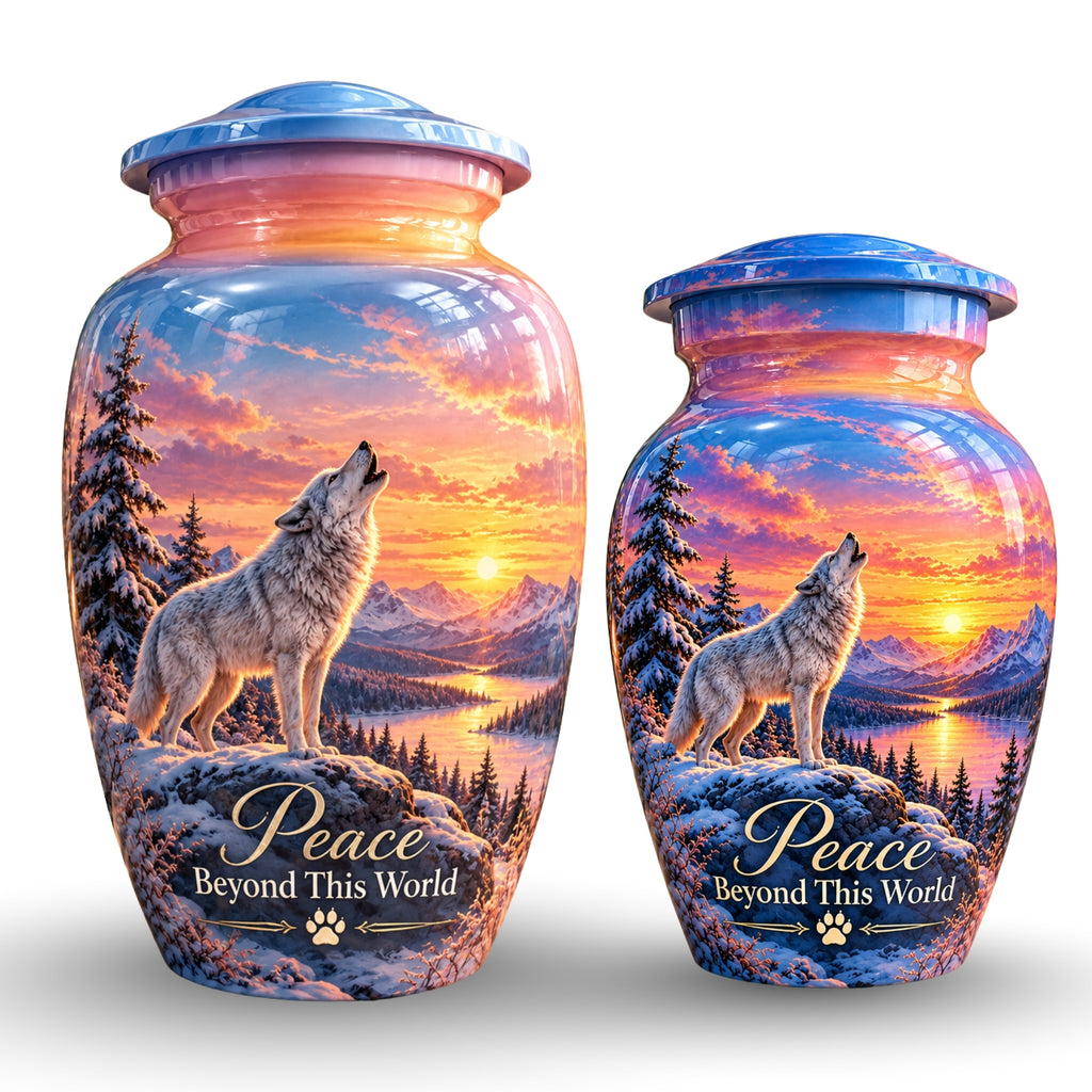 White Wolf Winter Sunset Cremation Urn for Human Ashes – Personalized Handmade Aluminum Urn