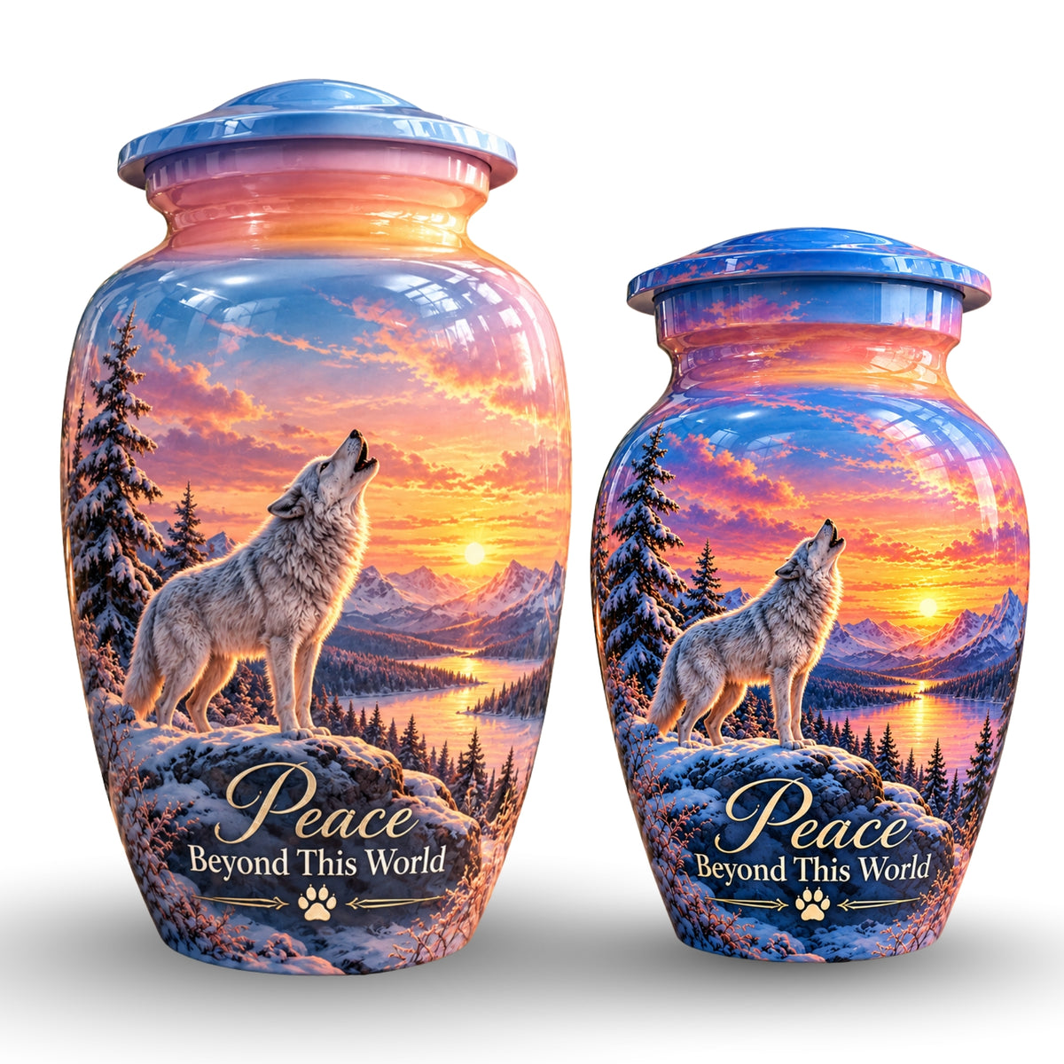 White Wolf Winter Sunset Cremation Urn for Human Ashes – Personalized Handmade Aluminum Urn