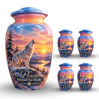 White Wolf Winter Sunset Cremation Urn for Human Ashes – Personalized Handmade Aluminum Urn