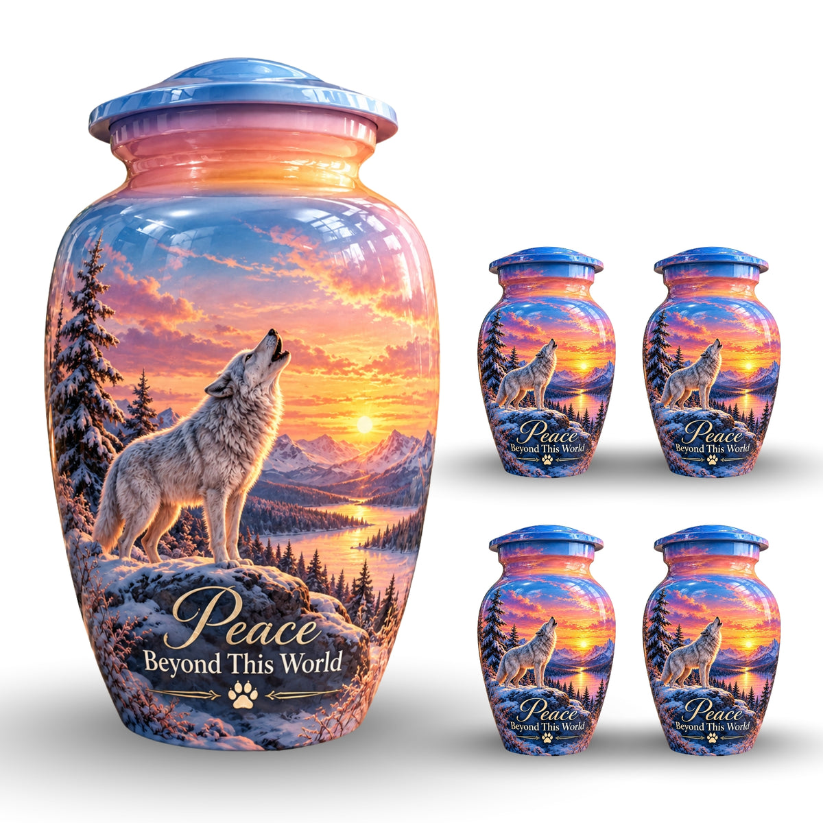 White Wolf Winter Sunset Cremation Urn for Human Ashes – Personalized Handmade Aluminum Urn
