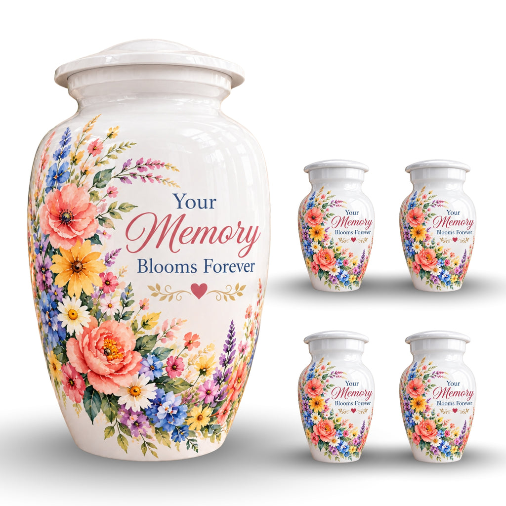 White Floral Bouquet Cremation Urn for Human Ashes – Personalized Handmade Aluminum Urn