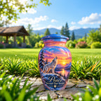 White Wolf Winter Sunset Cremation Urn for Human Ashes – Personalized Handmade Aluminum Urn