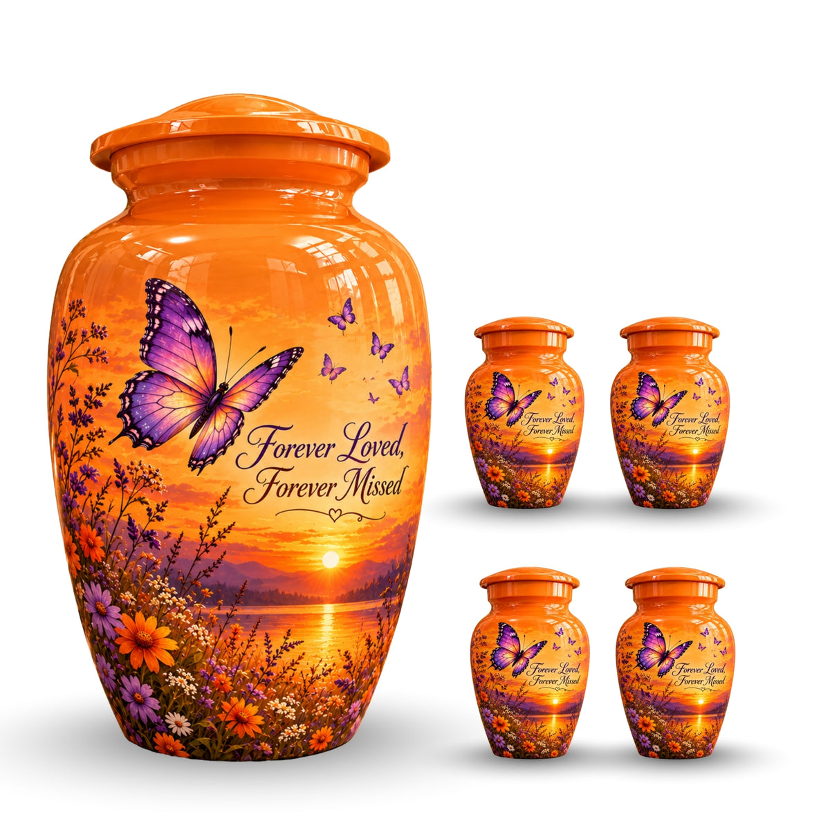 Orange Sunset Purple Butterfly Cremation Urn for Human Ashes – Personalized Handmade Aluminum Urn
