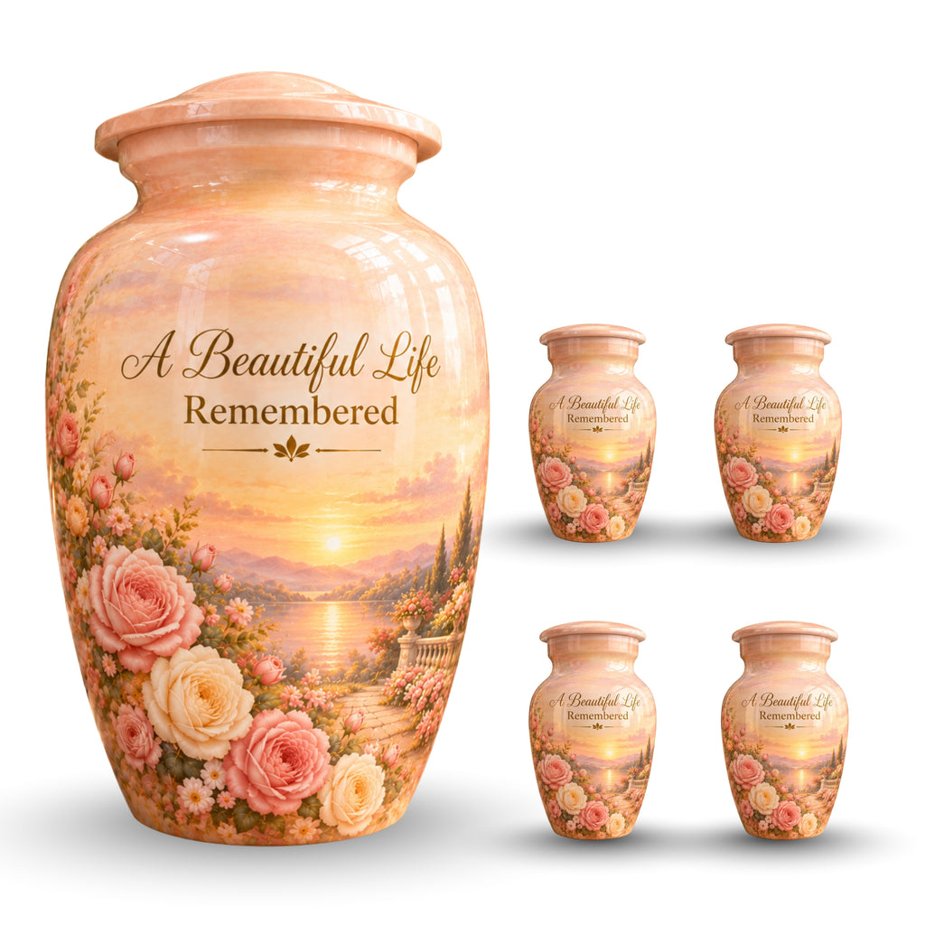 Rose Garden Sunset Cremation Urn for Human Ashes – Personalized Handmade Aluminum Urn