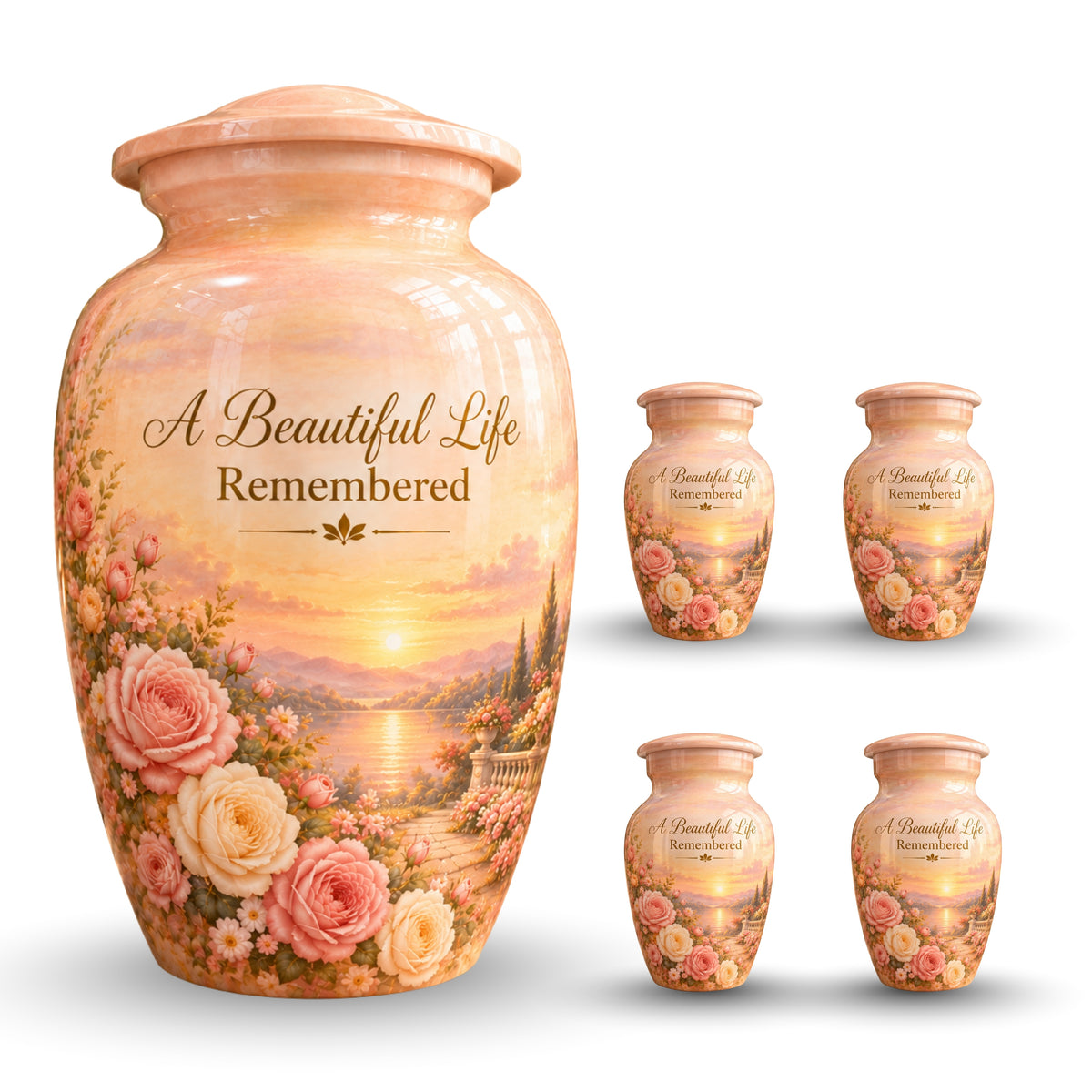 Rose Garden Sunset Cremation Urn for Human Ashes – Personalized Handmade Aluminum Urn