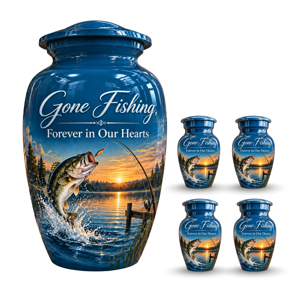 bass fishing sunset cremation urn for human ashes, handmade aluminum – photo 8