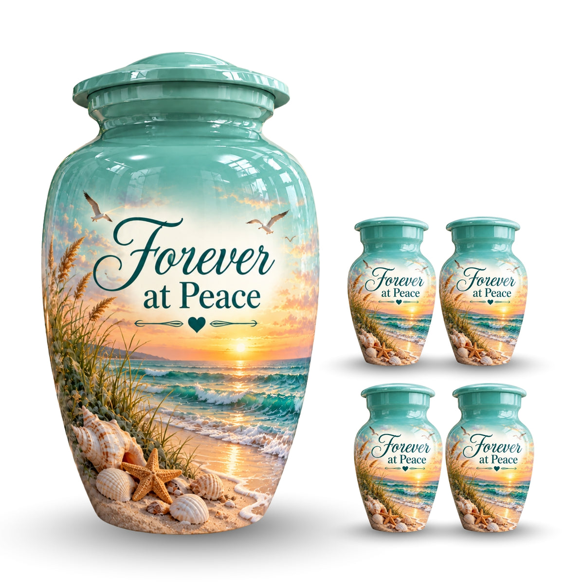 seashell beach sunset cremation urn for human ashes, handmade aluminum – photo 8