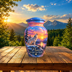 White Wolf Winter Sunset Cremation Urn for Human Ashes – Personalized Handmade Aluminum Urn