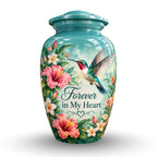 hibiscus hummingbird garden cremation urn for human ashes, handmade aluminum – photo 1