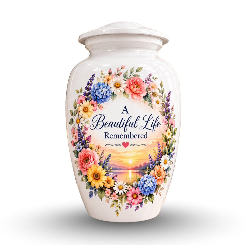 Heart and Blossoms Cremation Urn for Human Ashes – Personalized Handmade Aluminum Urn