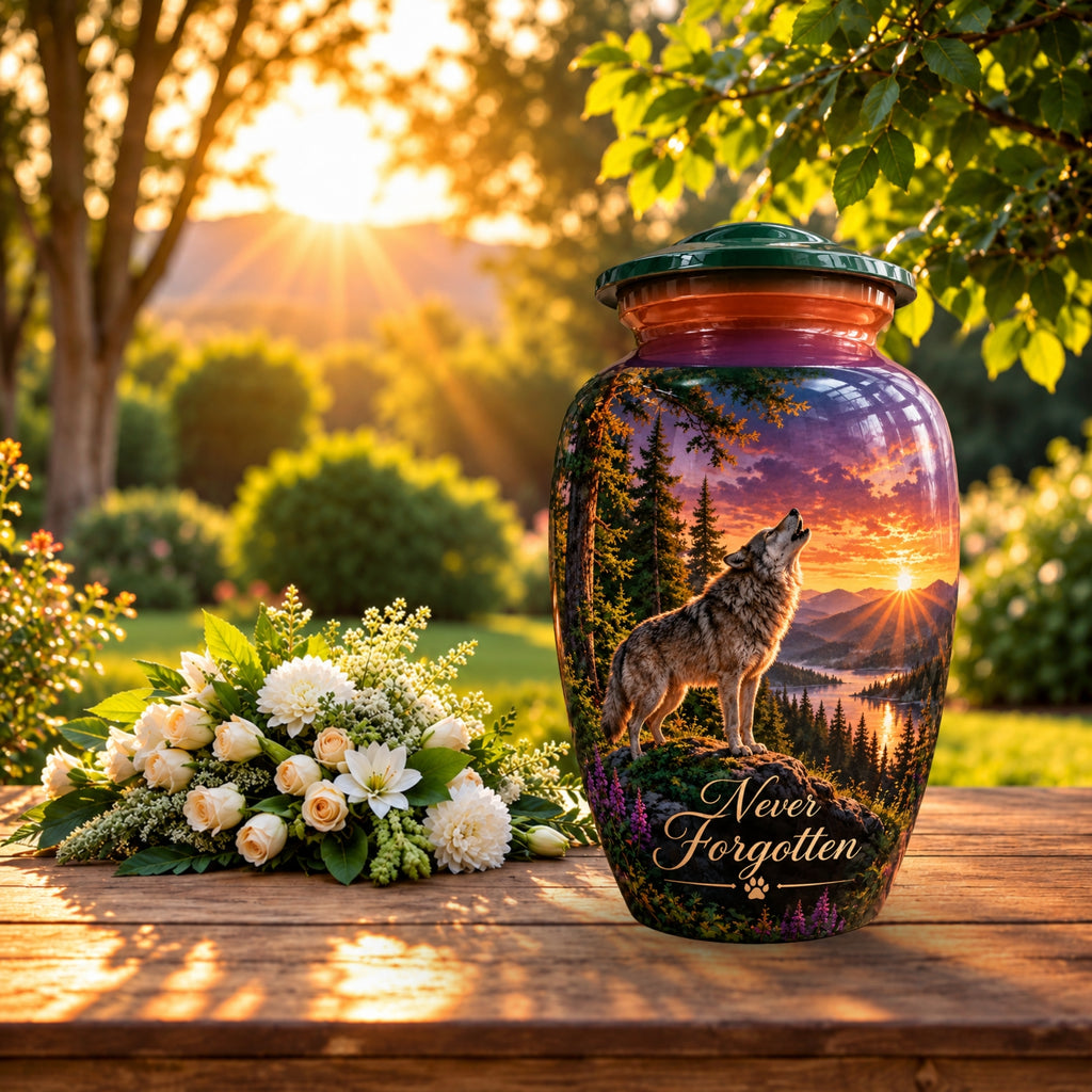 Wolf and Lake Cremation Urn for Human Ashes – Personalized Handmade Aluminum Urn