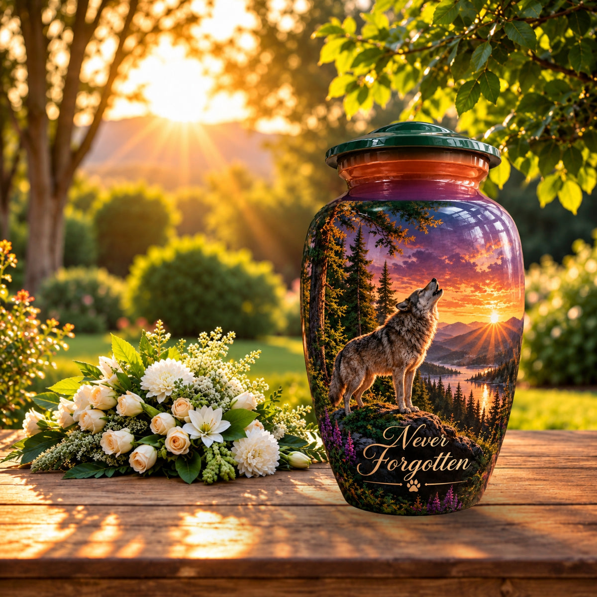 Wolf and Lake Cremation Urn for Human Ashes – Personalized Handmade Aluminum Urn