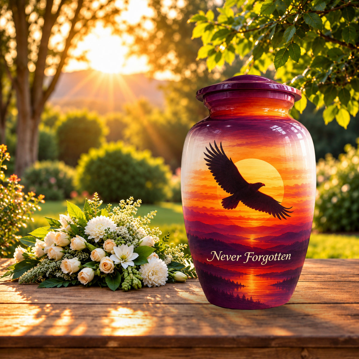 "Never Forgotten" Eagle Cremation Urn for Human Ashes – Personalized Handmade Aluminum Urn