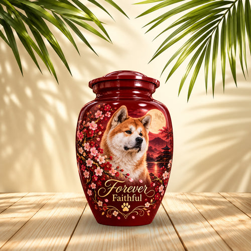 Akita Inu cremation urn for dog ashes with personalized photo and name
