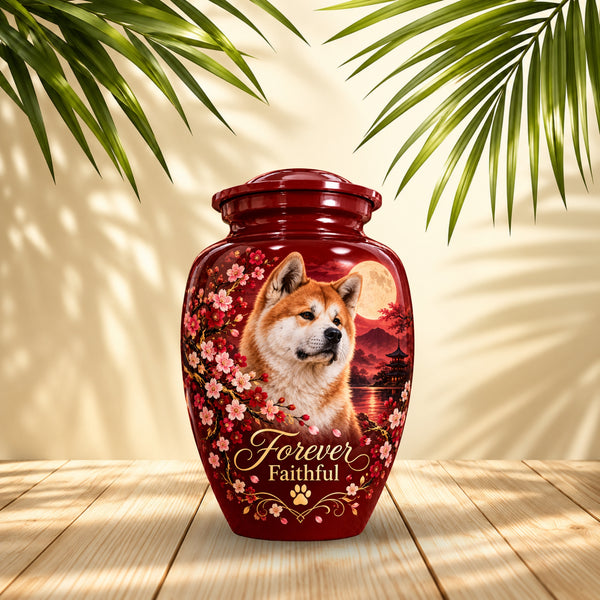 Akita Inu cremation urn for dog ashes with personalized photo and name