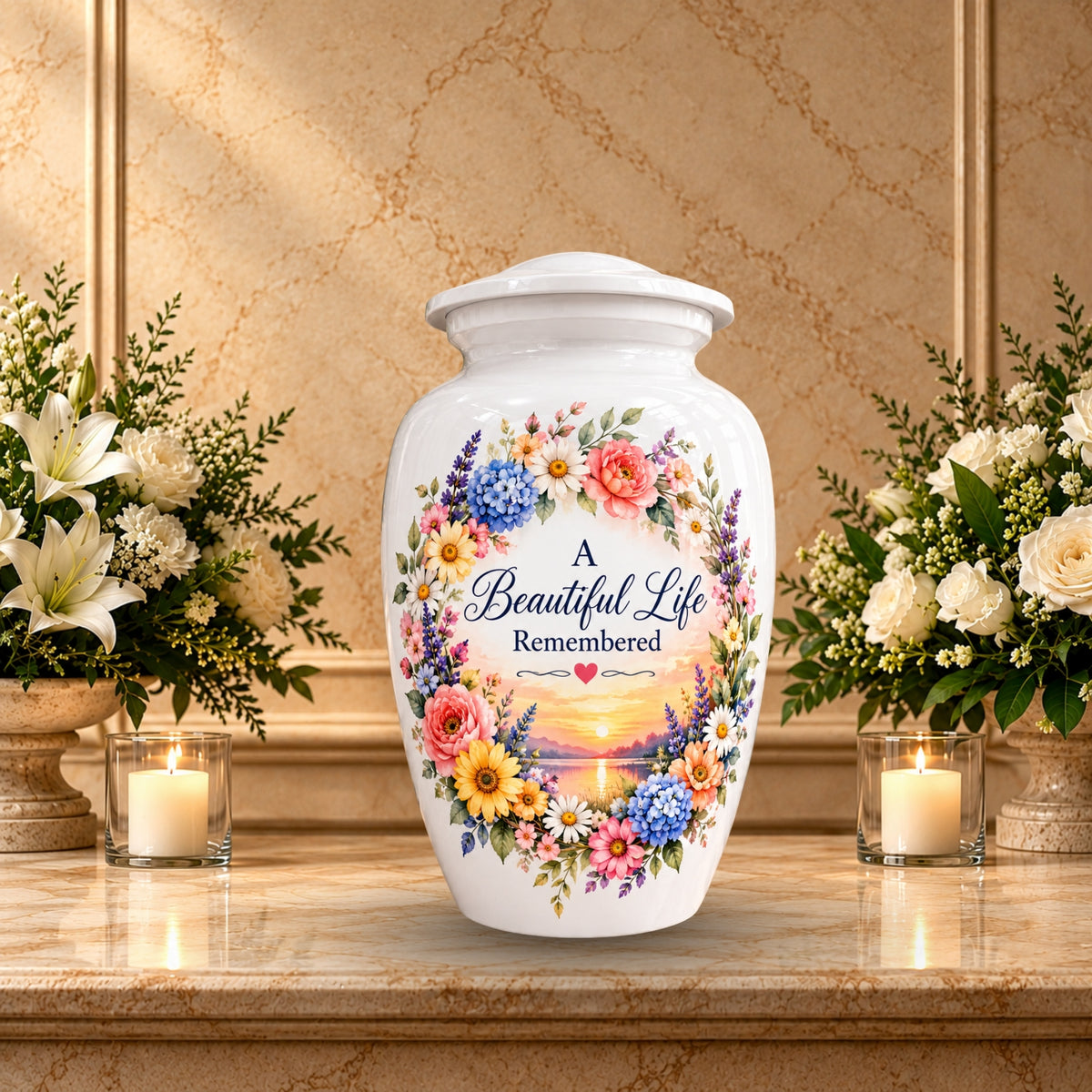 Heart and Blossoms Cremation Urn for Human Ashes – Personalized Handmade Aluminum Urn