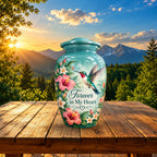 hibiscus hummingbird garden cremation urn for human ashes, handmade aluminum – photo 3