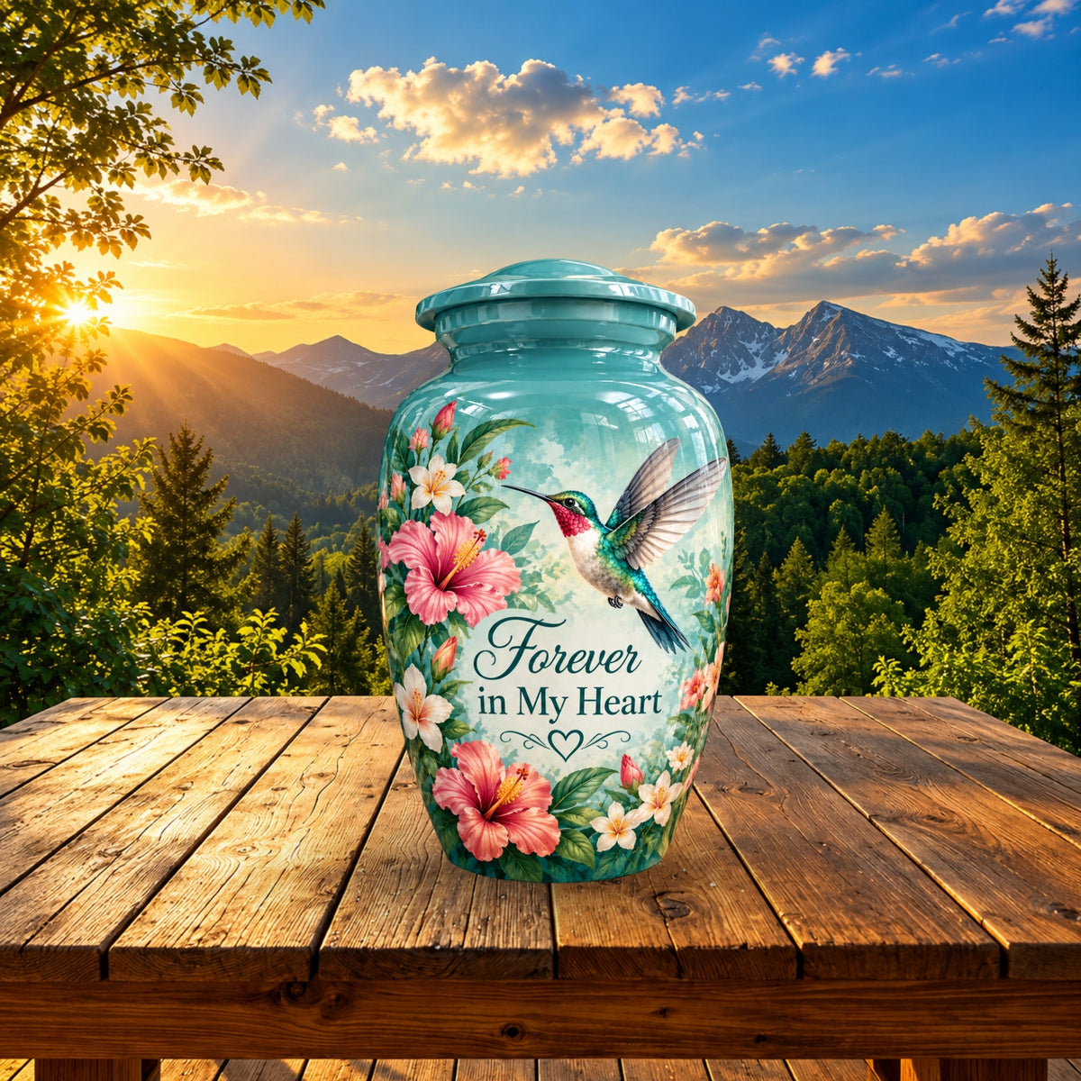 hibiscus hummingbird garden cremation urn for human ashes, handmade aluminum – photo 3