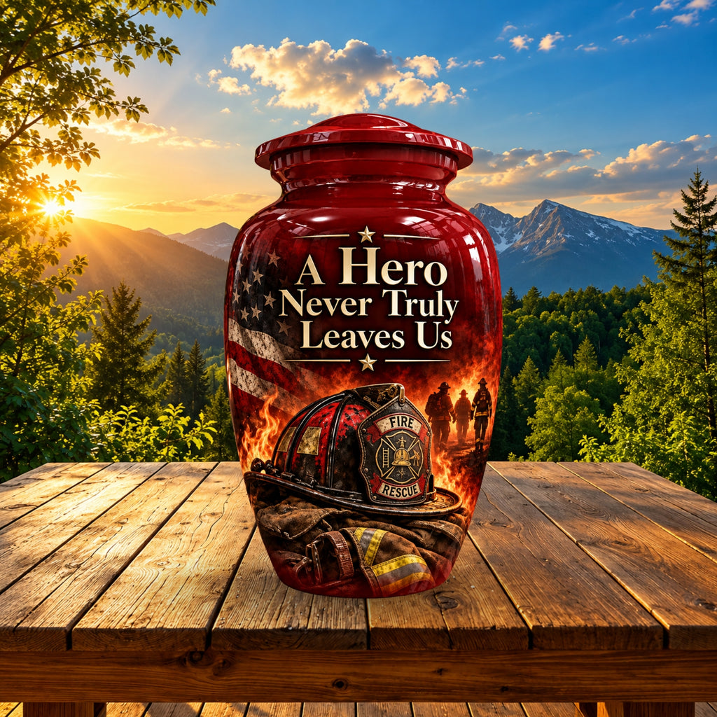 firefighter hero memorial cremation urn for human ashes, handmade aluminum – photo 3