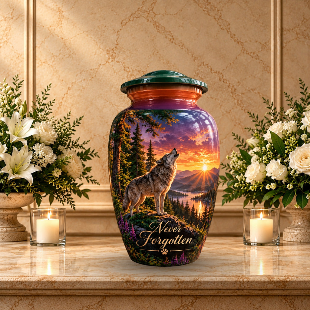 Wolf and Lake Cremation Urn for Human Ashes – Personalized Handmade Aluminum Urn