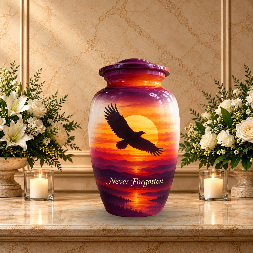 "Never Forgotten" Eagle Cremation Urn for Human Ashes – Personalized Handmade Aluminum Urn