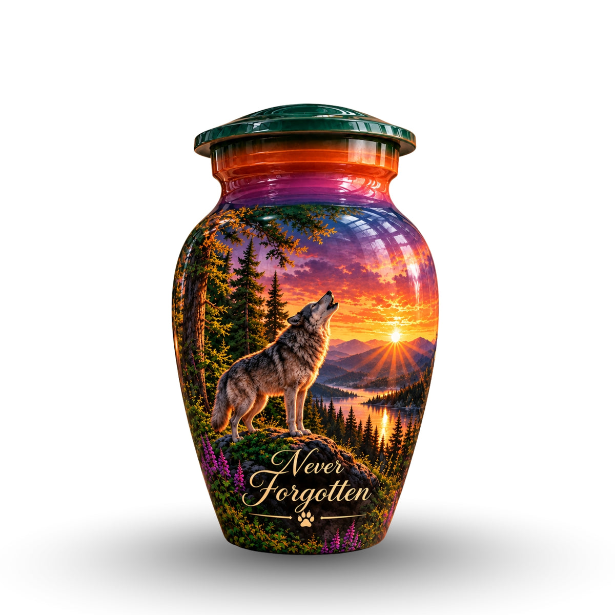 Wolf and Lake Cremation Urn for Human Ashes – Personalized Handmade Aluminum Urn