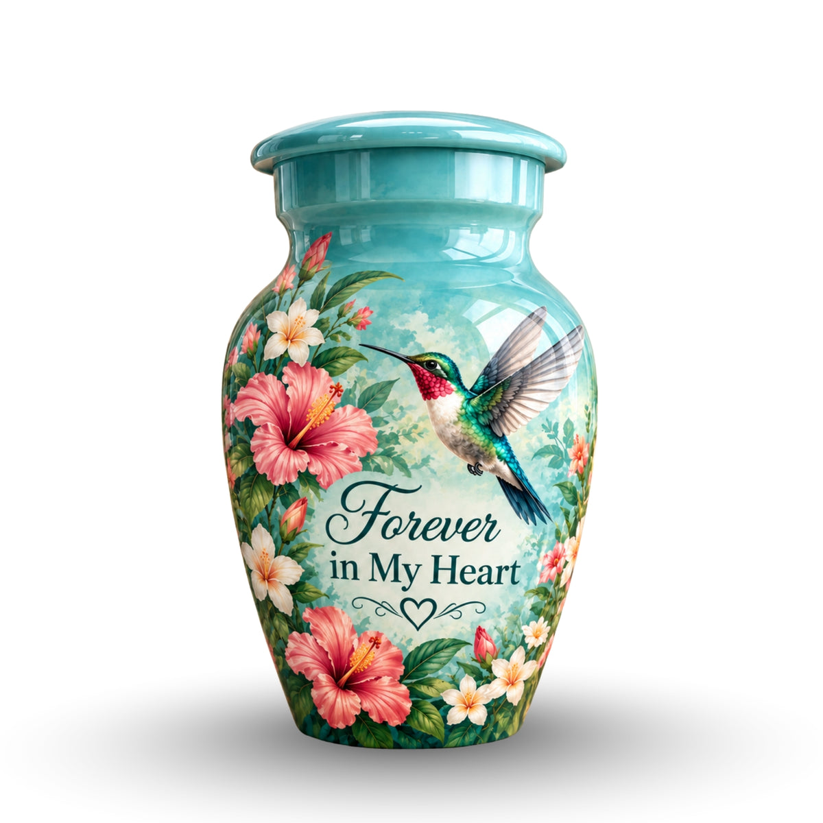 hibiscus hummingbird garden cremation urn for human ashes, handmade aluminum – photo 4