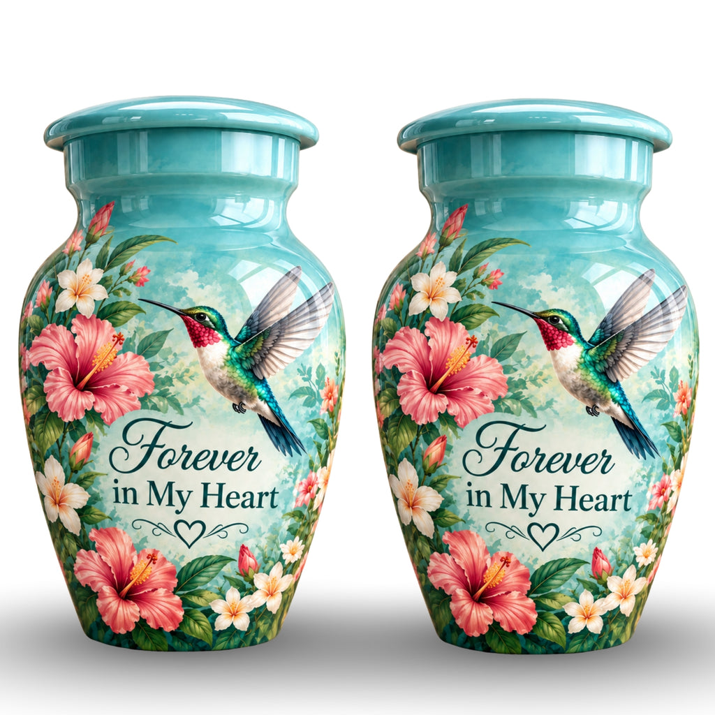 hibiscus hummingbird garden cremation urn for human ashes, handmade aluminum – photo 5