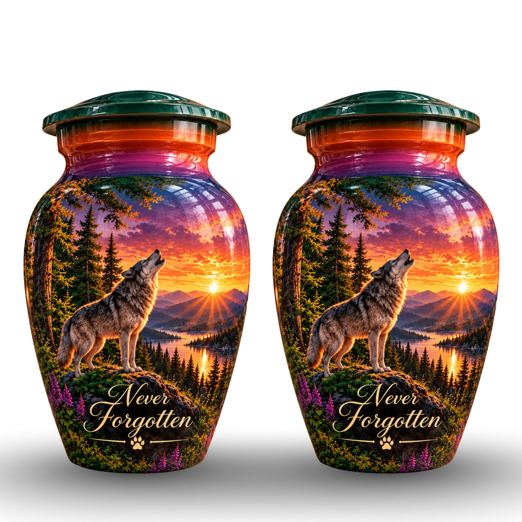 Wolf and Lake Cremation Urn for Human Ashes – Personalized Handmade Aluminum Urn