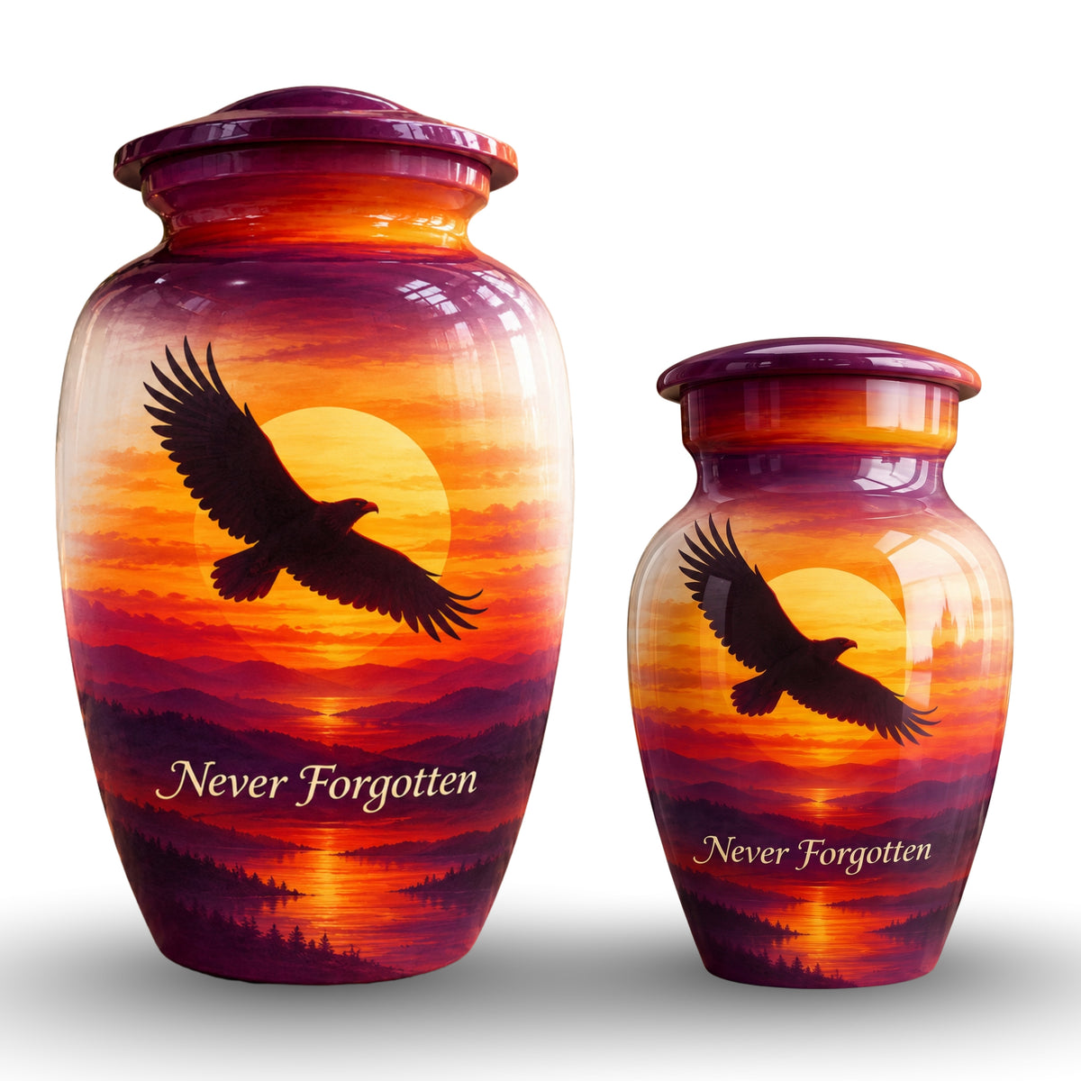 "Never Forgotten" Eagle Cremation Urn for Human Ashes – Personalized Handmade Aluminum Urn