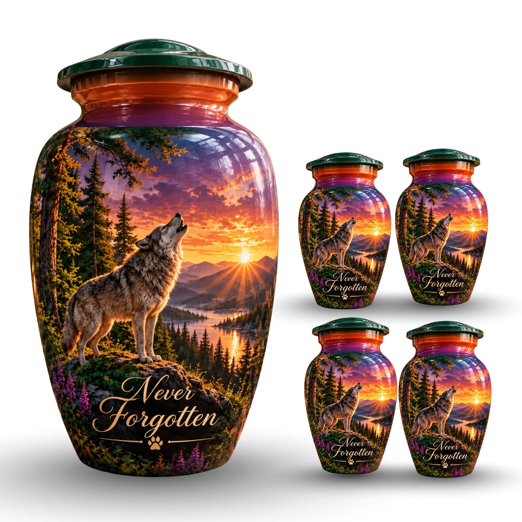 Wolf and Lake Cremation Urn for Human Ashes – Personalized Handmade Aluminum Urn