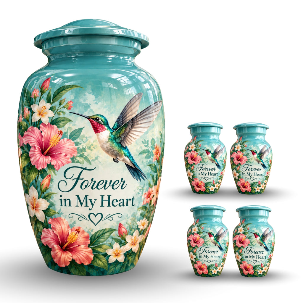 hibiscus hummingbird garden cremation urn for human ashes, handmade aluminum – photo 8